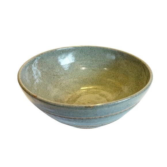 Hand Thrown Art Pottery Bowl Bluish Green Glaze w/Rings Artist Signed Multi Use - Picture 2 of 16